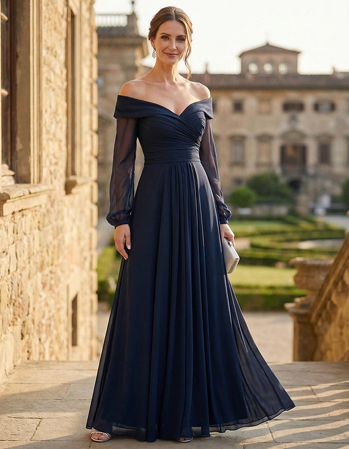 Navy Blue Chiffon Off Shoulder Fitted Waist Full Maxi Dress
