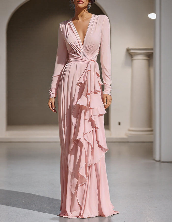 Robe longue rose en mousseline drapée à col en V, manches longues avec volants