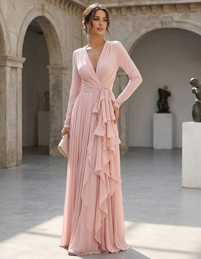 Pink Draped Chiffon V-Neck Long Sleeves With Ruffles Maxi Dress
