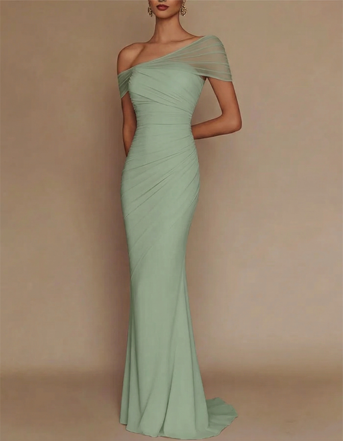 Vestido maxi de sirena plisado con hombro descubierto y parches de malla