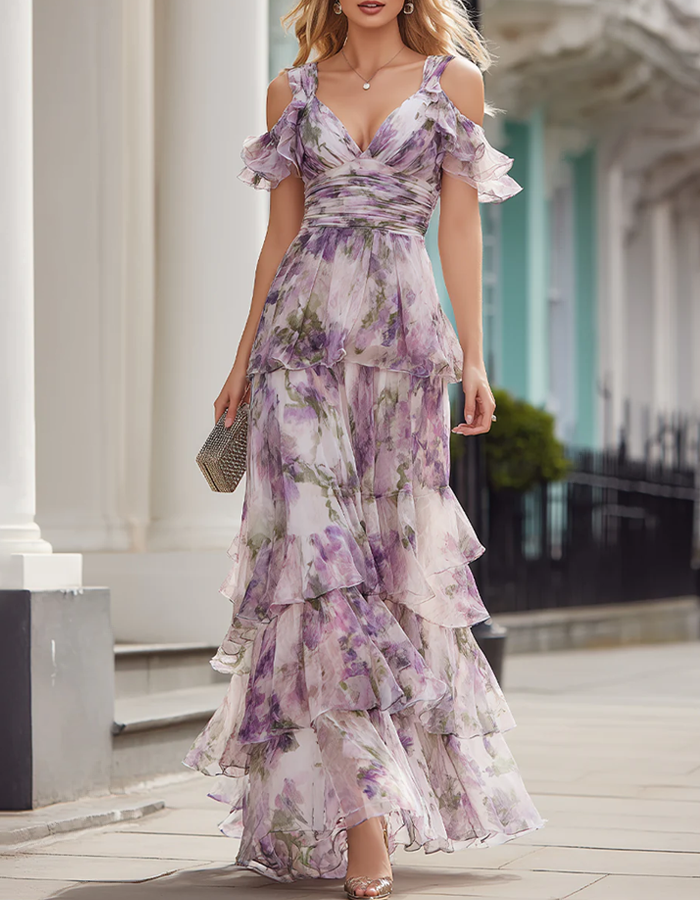 Off-the-shoulder Floral Deep V-neck Chiffon Maxi Dress