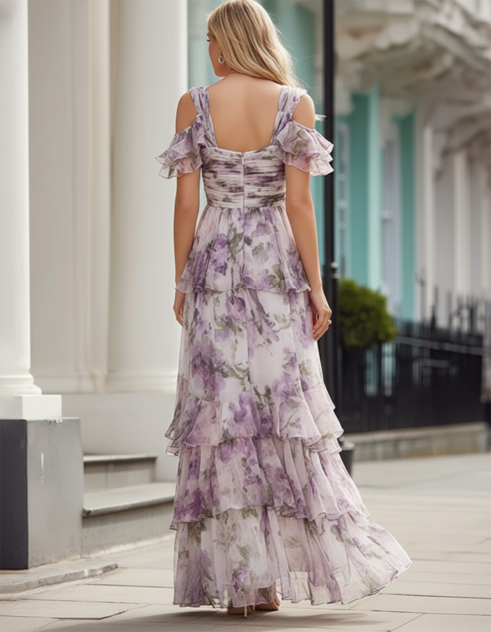 Vestido maxi de chifón con hombros descubiertos, estampado floral y cuello de pico pronunciado