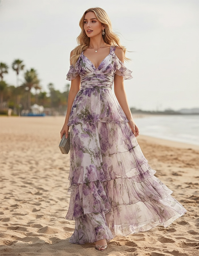Vestido maxi de chifón con hombros descubiertos, estampado floral y cuello de pico pronunciado