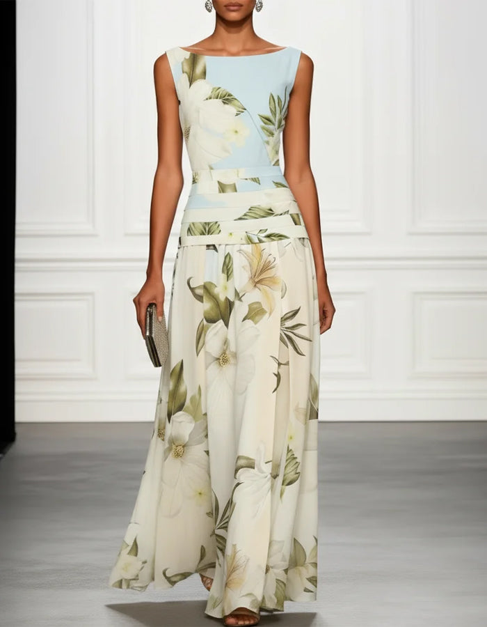 Light Blue Magnolia Floral Print Chiffon Round Neck Maxi Dress
