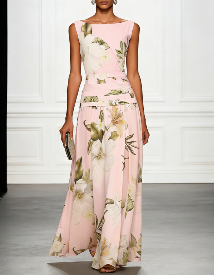 Vestido largo de chifón con estampado floral de magnolias azul claro y cuello redondo
