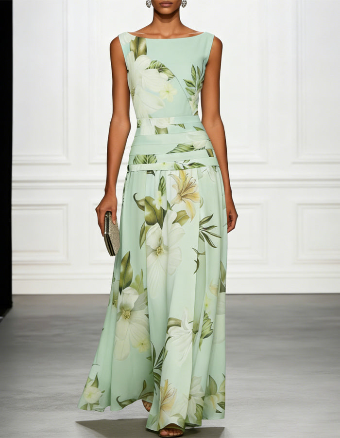 Light Blue Magnolia Floral Print Chiffon Round Neck Maxi Dress