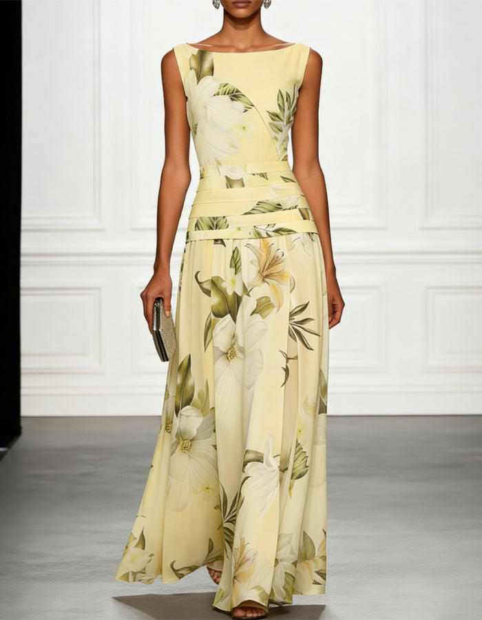 Light Blue Magnolia Floral Print Chiffon Round Neck Maxi Dress