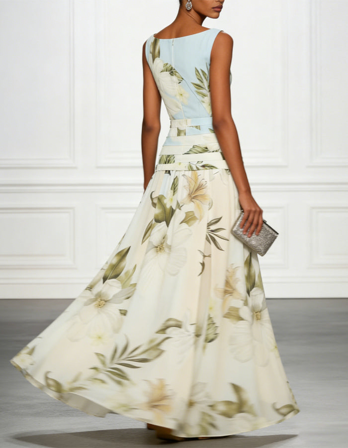 Light Blue Magnolia Floral Print Chiffon Round Neck Maxi Dress