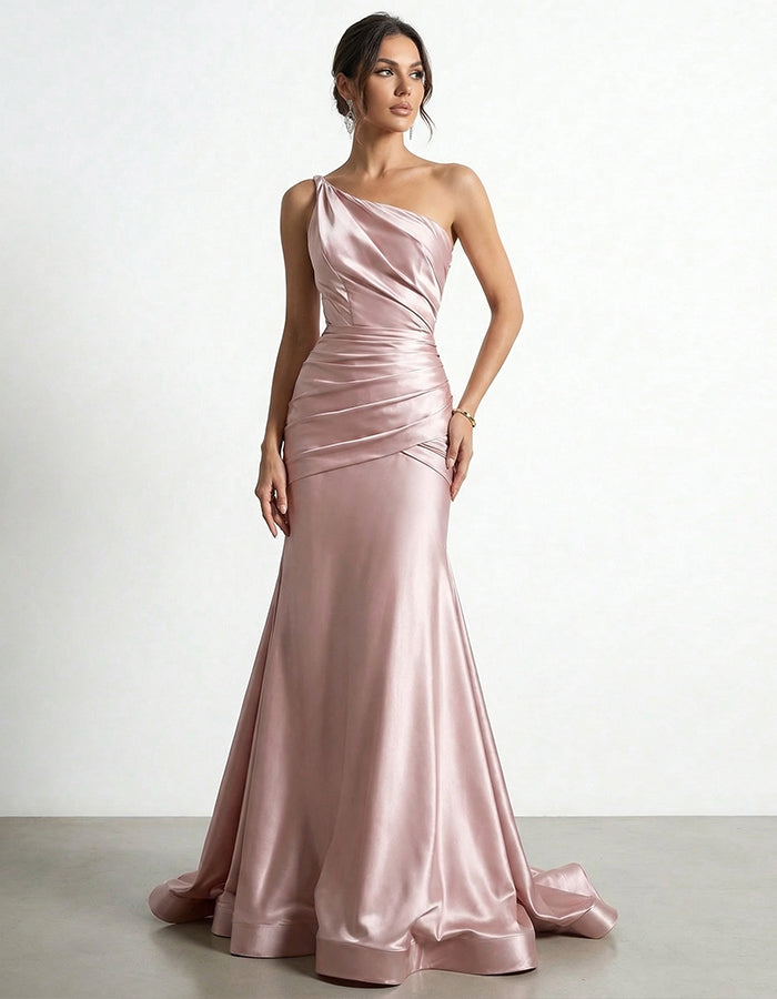 Pink Satin One Shoulder Twisted Waist Fishtail Maxi Dress