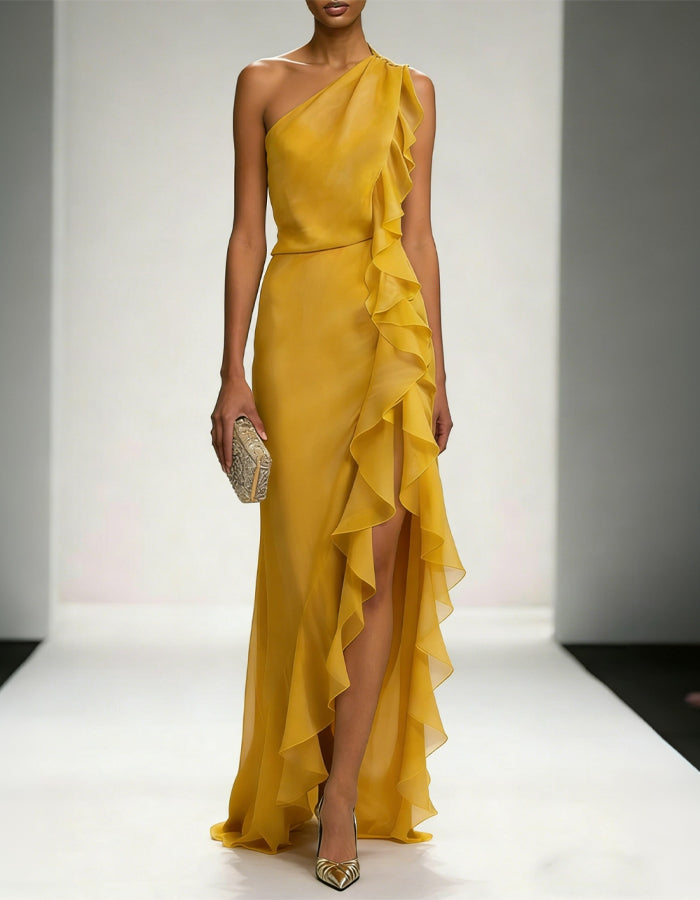 Ginger Yellow Chiffon One Shoulder Ruffled Slit Maxi Dress