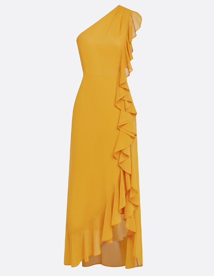 Ginger Yellow Chiffon One Shoulder Ruffled Slit Maxi Dress