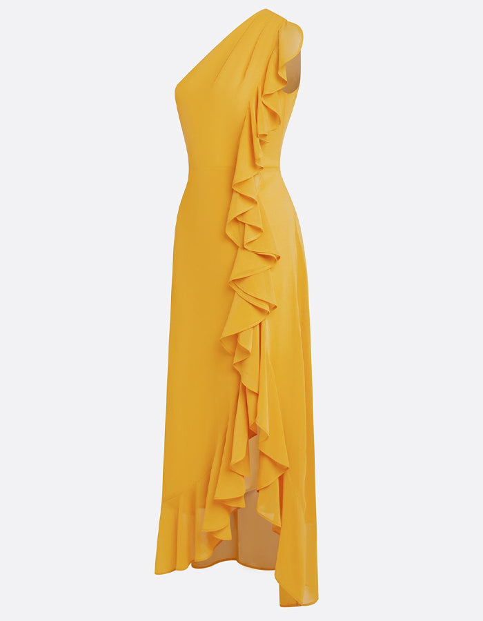 Ginger Yellow Chiffon One Shoulder Ruffled Slit Maxi Dress