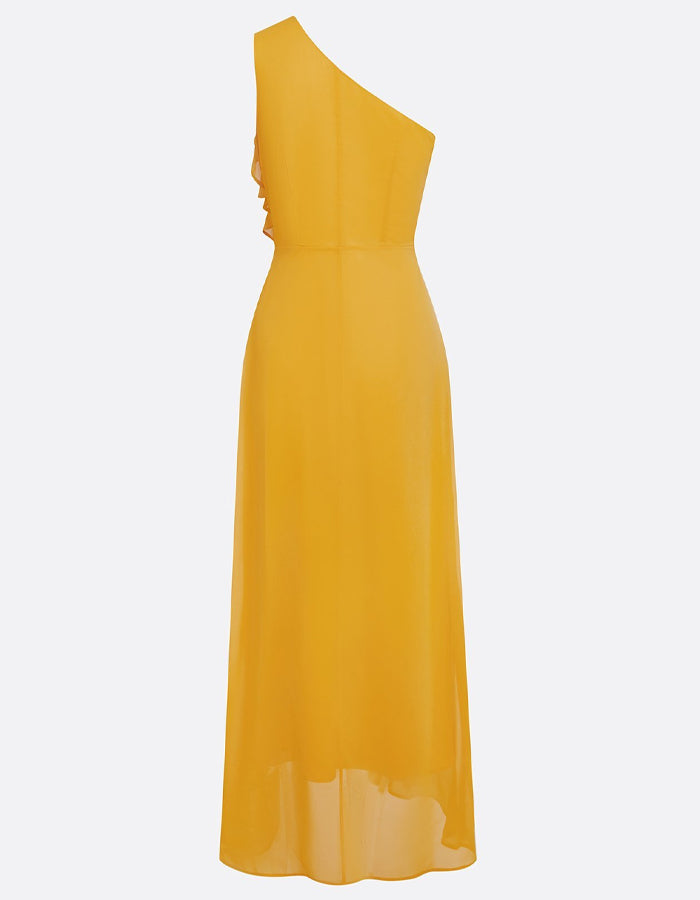 Ginger Yellow Chiffon One Shoulder Ruffled Slit Maxi Dress