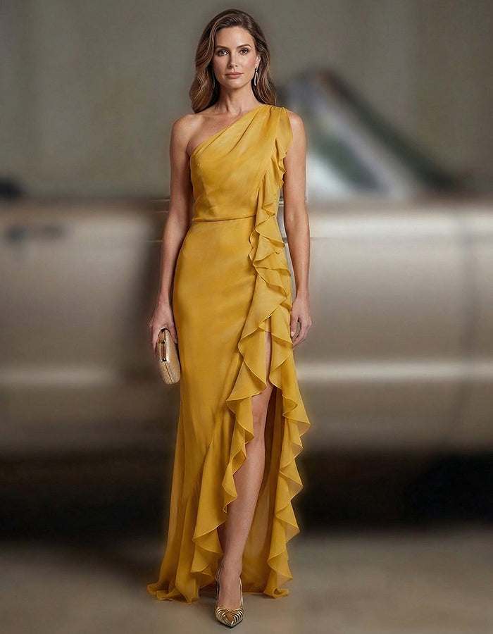 Ginger Yellow Chiffon One Shoulder Ruffled Slit Maxi Dress
