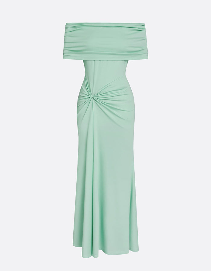 Mint Green Blended Fabric Off Shoulder Twisted Slit Maxi Dress