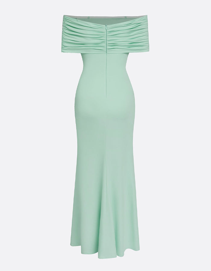 Mint Green Blended Fabric Off Shoulder Twisted Slit Maxi Dress