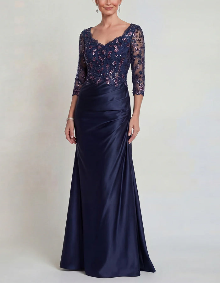 Solid Color Sequined Lace Spliced Satin Fishtail Maxi Dress