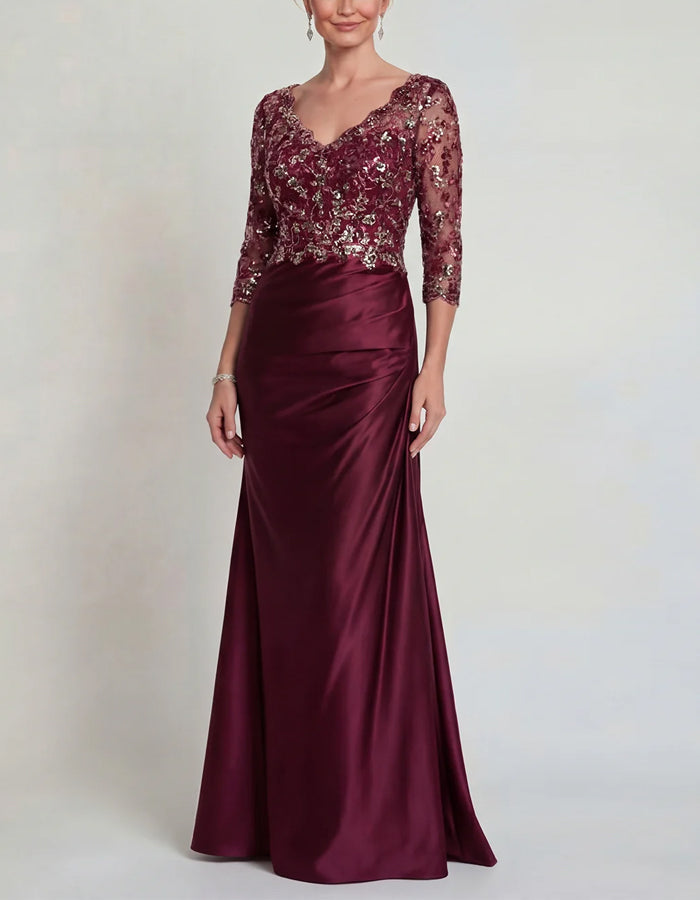 Solid Color Sequined Lace Spliced Satin Fishtail Maxi Dress