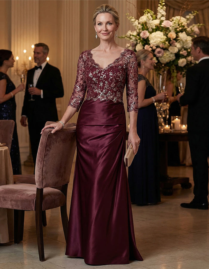 Solid Color Sequined Lace Spliced Satin Fishtail Maxi Dress