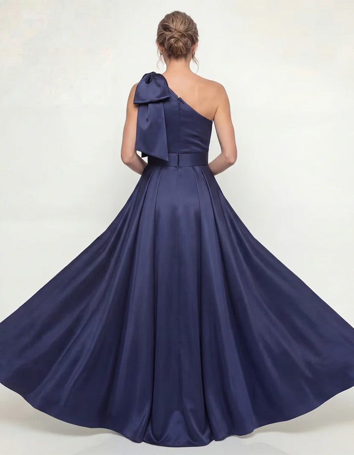 Navy Blue Satin One Shoulder Bow Sequined Floral Maxi Dress