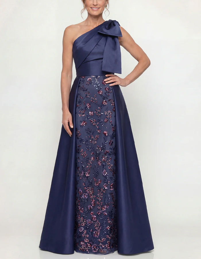 Navy Blue Satin One Shoulder Bow Sequined Floral Maxi Dress