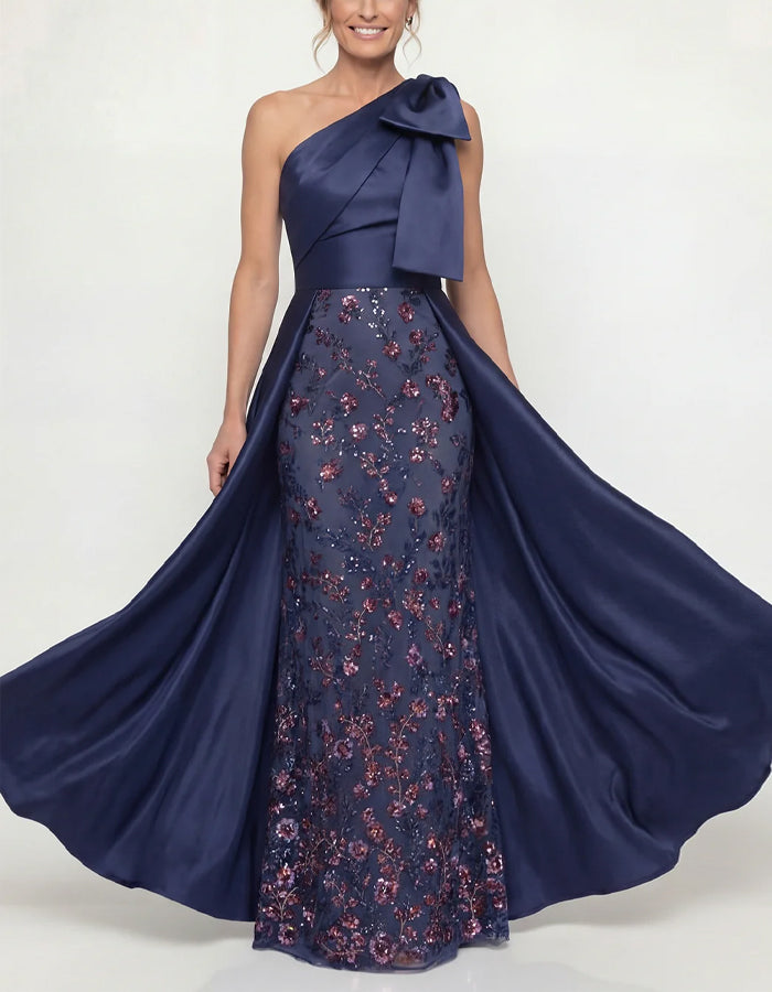 Navy Blue Satin One Shoulder Bow Sequined Floral Maxi Dress