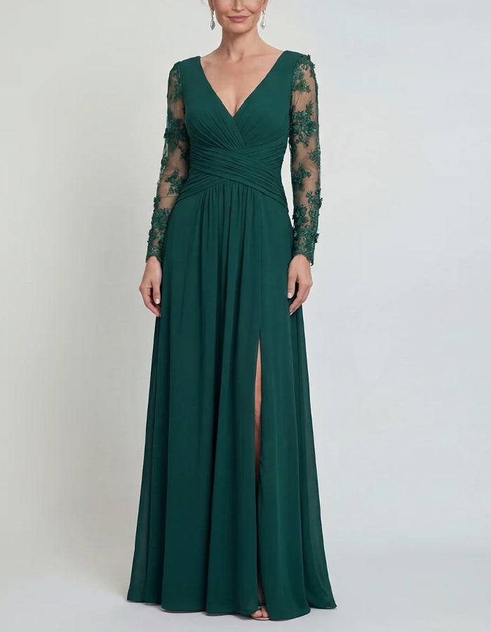 Dark Green Lace Long Sleeved Chiffon With Slits Maxi Dress