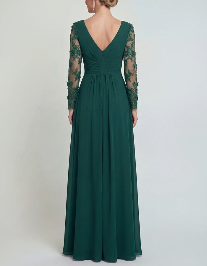 Dark Green Lace Long Sleeved Chiffon With Slits Maxi Dress