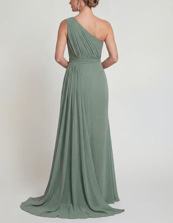 Grey Green Draped Chiffon One Shoulder Ribbon Maxi Dress