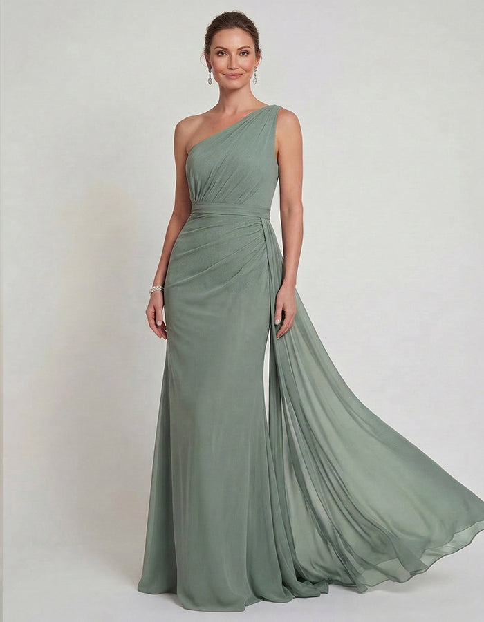 Grey Green Draped Chiffon One Shoulder Ribbon Maxi Dress