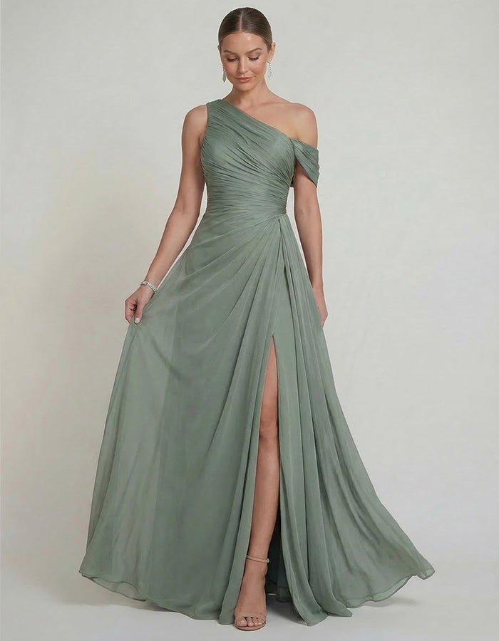 Sage Green Chiffon One Shoulder Twisted Slit Maxi Dress