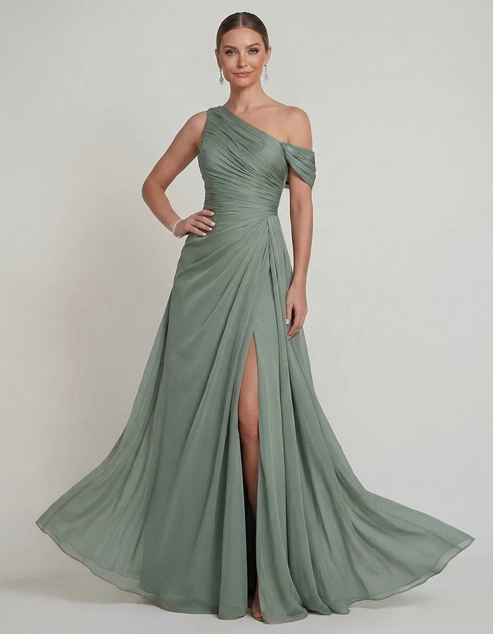 Sage Green Chiffon One Shoulder Twisted Slit Maxi Dress