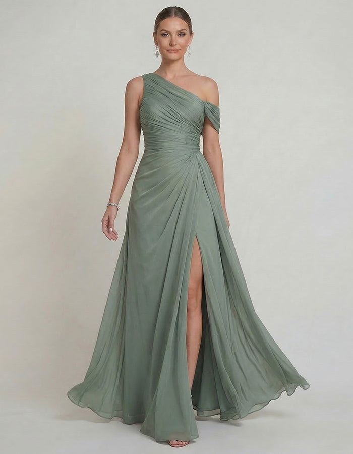 Sage Green Chiffon One Shoulder Twisted Slit Maxi Dress