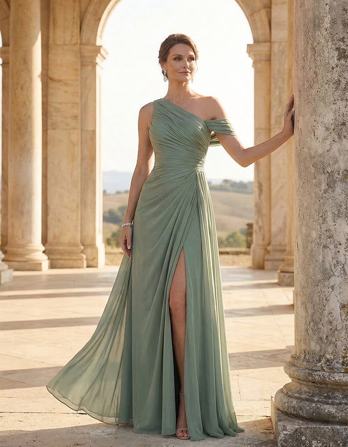 Sage Green Chiffon One Shoulder Twisted Slit Maxi Dress