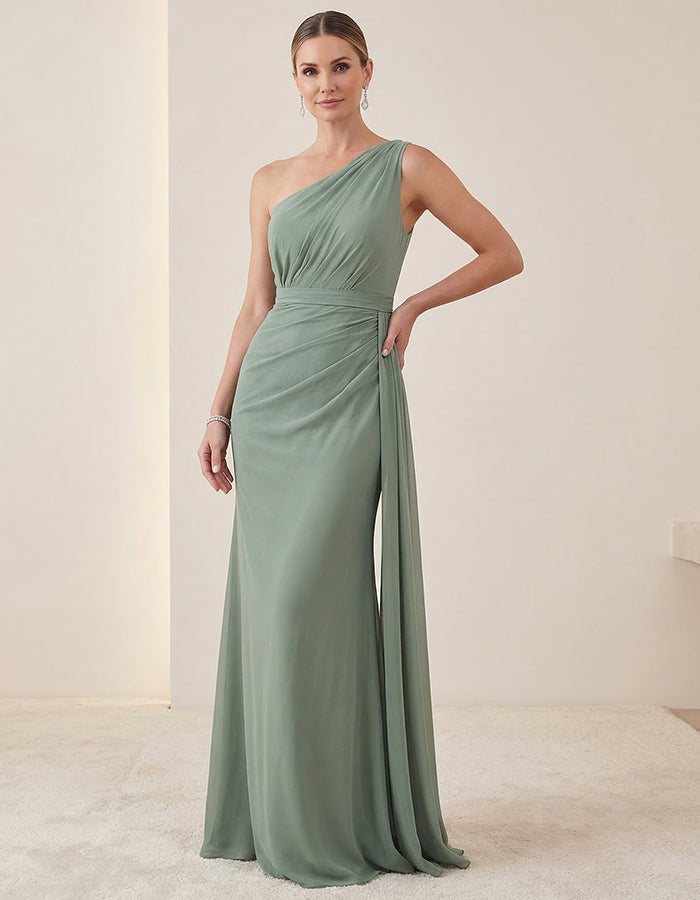 Grey Green Draped Chiffon One Shoulder Ribbon Maxi Dress