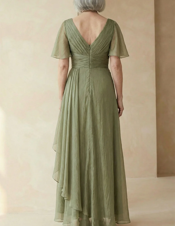 Gray Green Draped Chiffon V-neck Maxi Dress