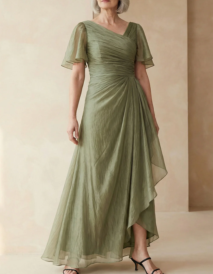 Gray Green Draped Chiffon V-neck Maxi Dress
