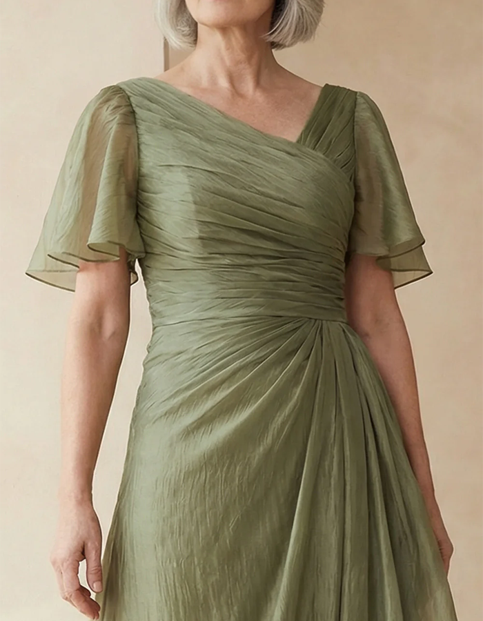 Gray Green Draped Chiffon V-neck Maxi Dress