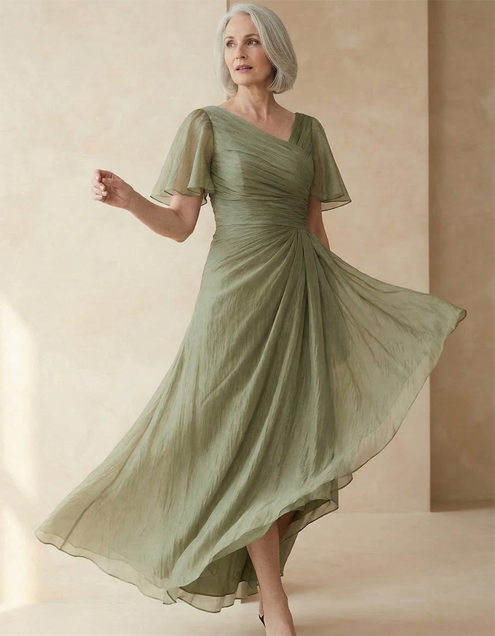 Gray Green Draped Chiffon V-neck Maxi Dress