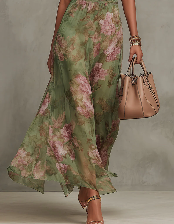 Sage Green Halter Neck Floral Chiffon Maxi Dress