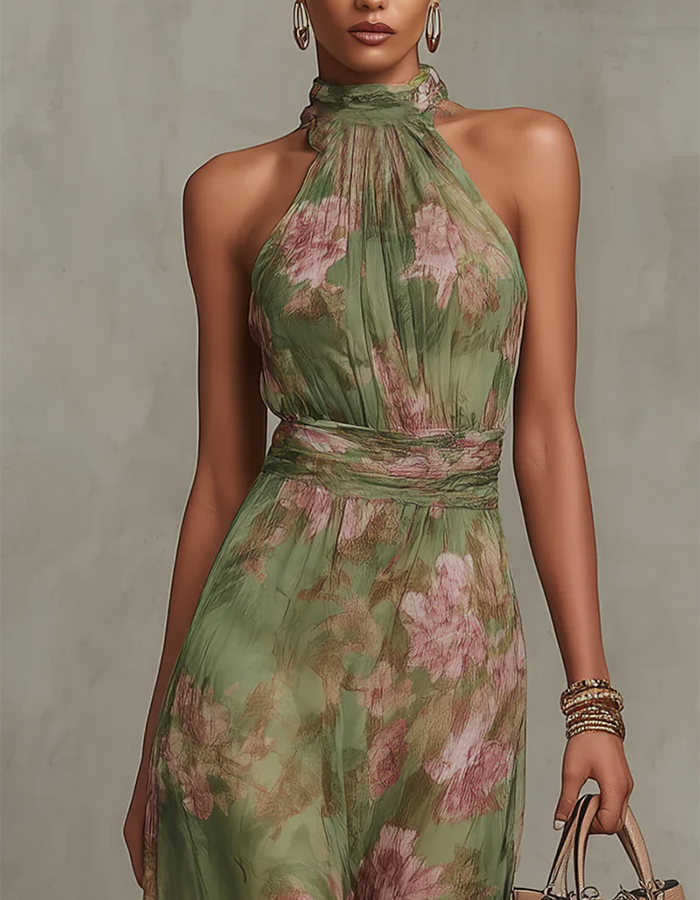 Sage Green Halter Neck Floral Chiffon Maxi Dress