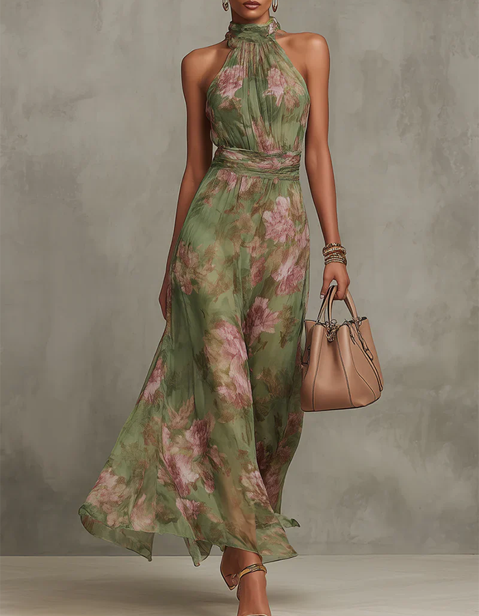 Sage Green Halter Neck Floral Chiffon Maxi Dress