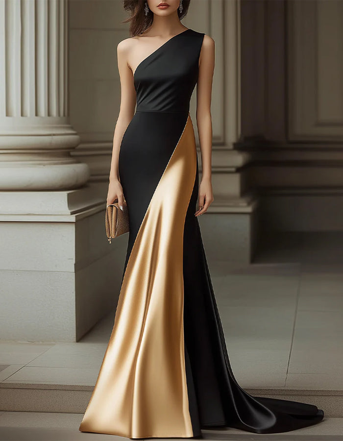 Black And Gold Color Blocked Satin One Shoulder Fishtail Maxi Dress