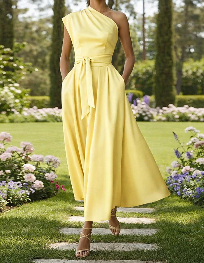 Solid Color Satin One Shoulder Tie Up Maxi Dress
