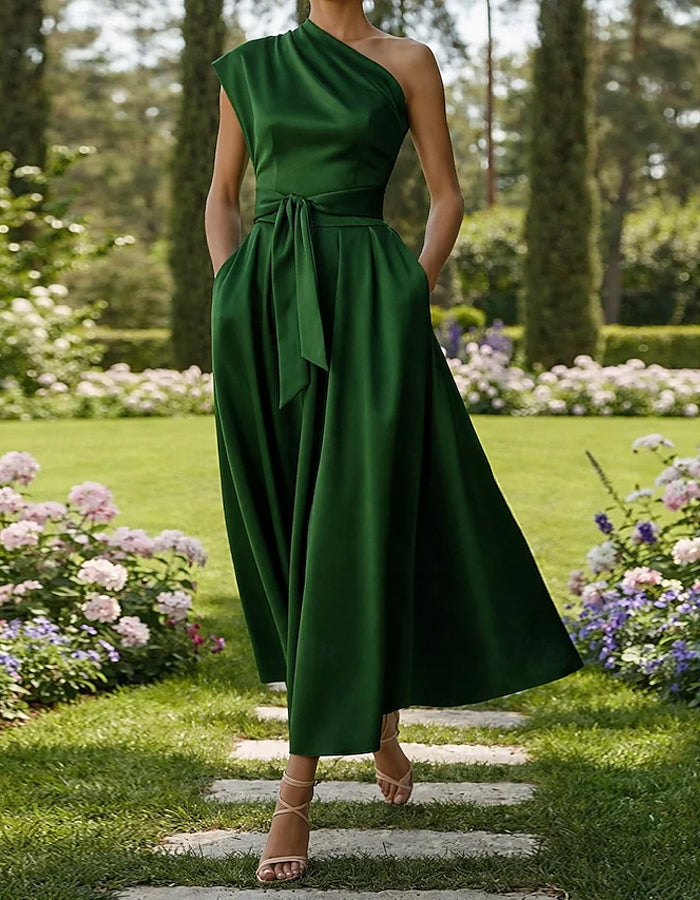 Solid Color Satin One Shoulder Tie Up Maxi Dress