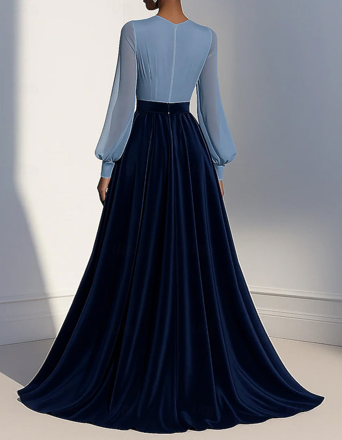 Blue Chiffon Satin Patchwork Maxi Dress