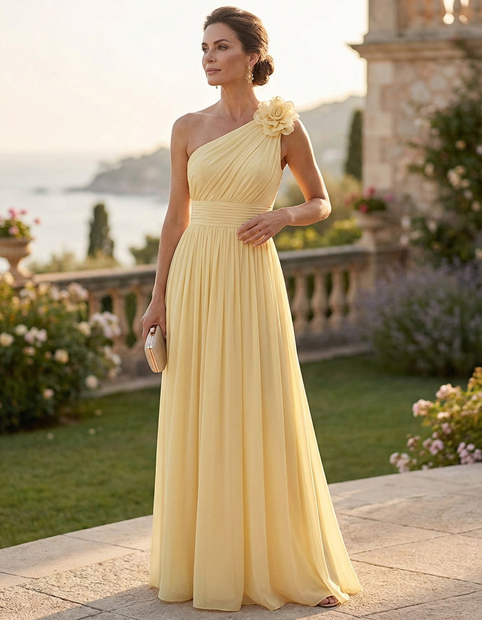 Light Yellow Chiffon One Shoulder 3D Floral Maxi Dress