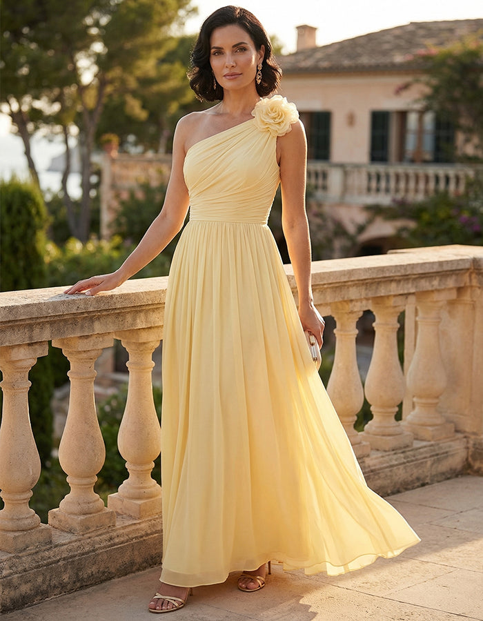 Light Yellow Chiffon One Shoulder 3D Floral Maxi Dress