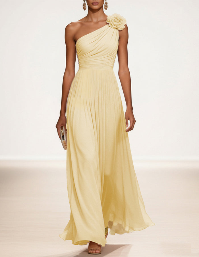 Light Yellow Chiffon One Shoulder 3D Floral Maxi Dress