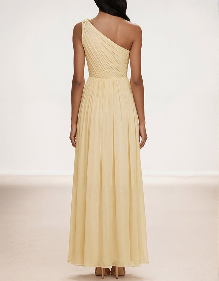 Light Yellow Chiffon One Shoulder 3D Floral Maxi Dress